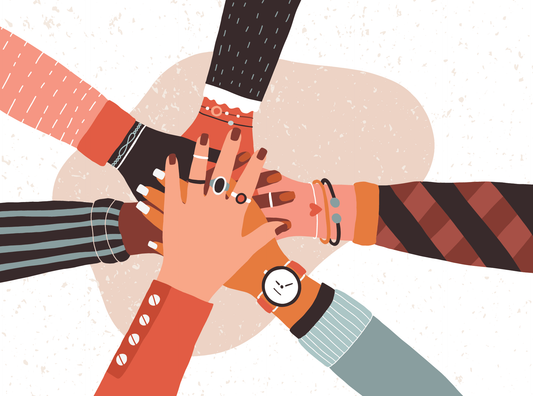 Hands of diverse group of people putting together. Concept of community, support, partnership, teamwork, social movement, friendship and cooperation.